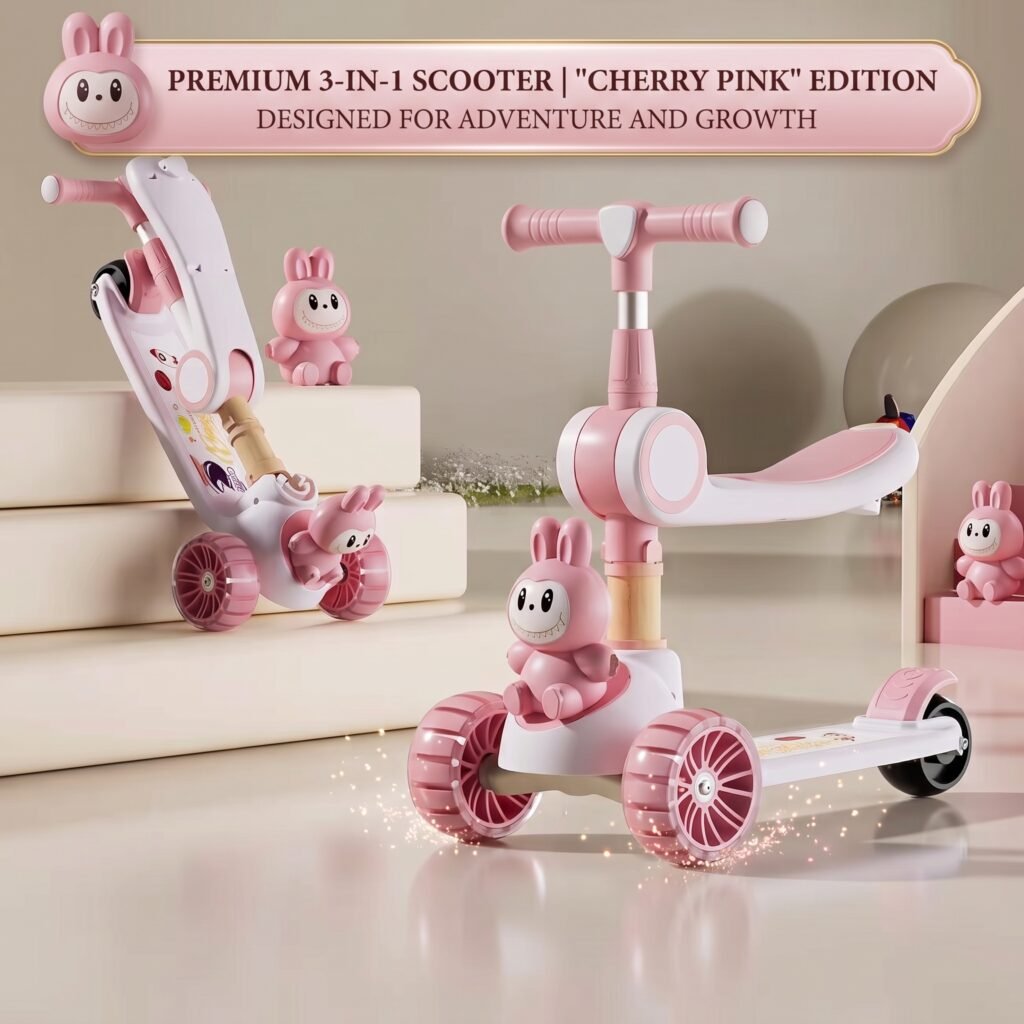 Premium 3-in-1 Kids Bunny Companion Scooter with Foldable Seat, LED Flashing Wheels, and Music pink thumbnail 2