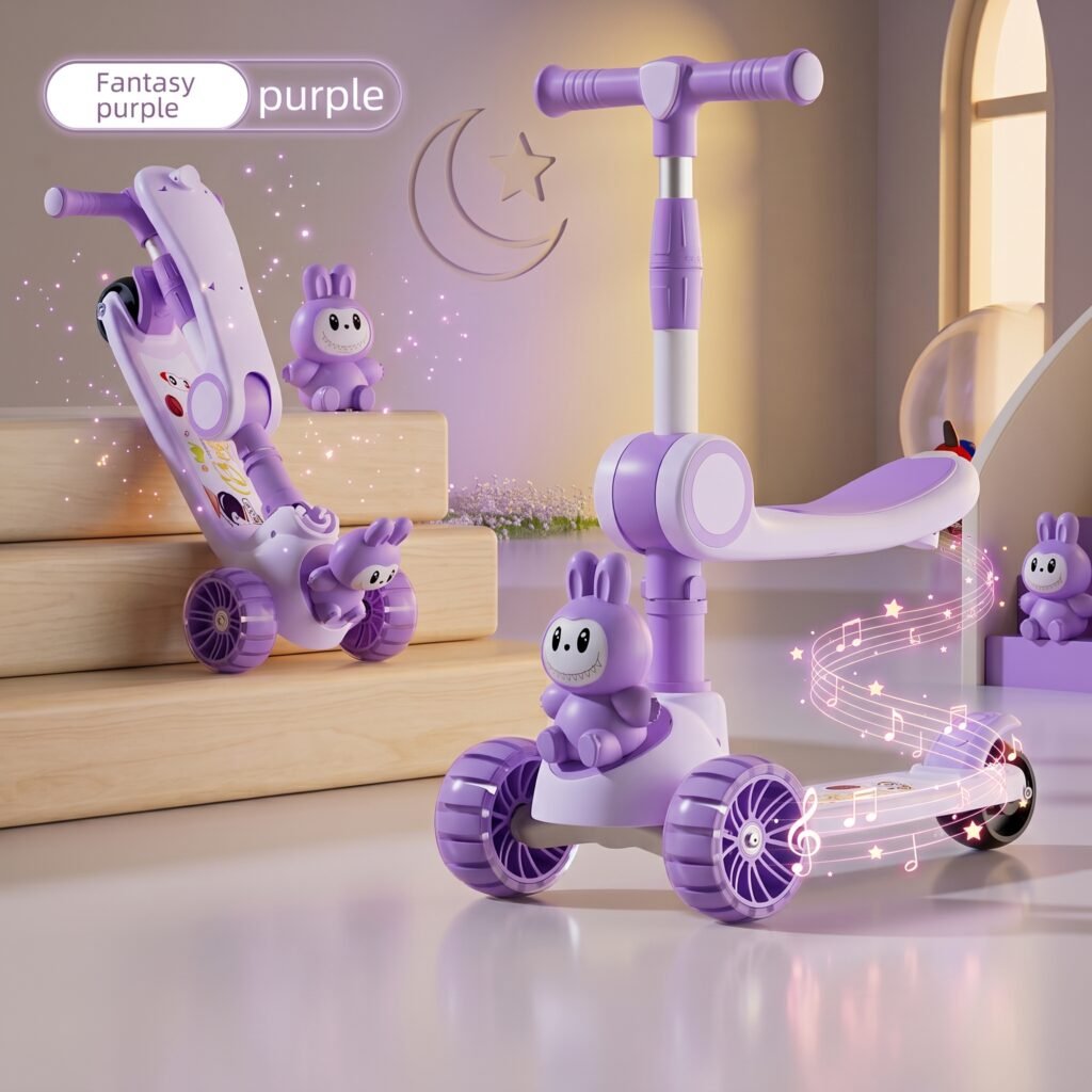 Premium 3-in-1 Kids Bunny Companion Scooter with Foldable Seat, LED Flashing Wheels, and Music purple