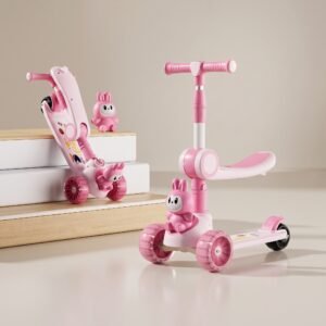 Premium 3-in-1 Kids Bunny Companion Scooter with Foldable Seat, LED Flashing Wheels, and Music pink