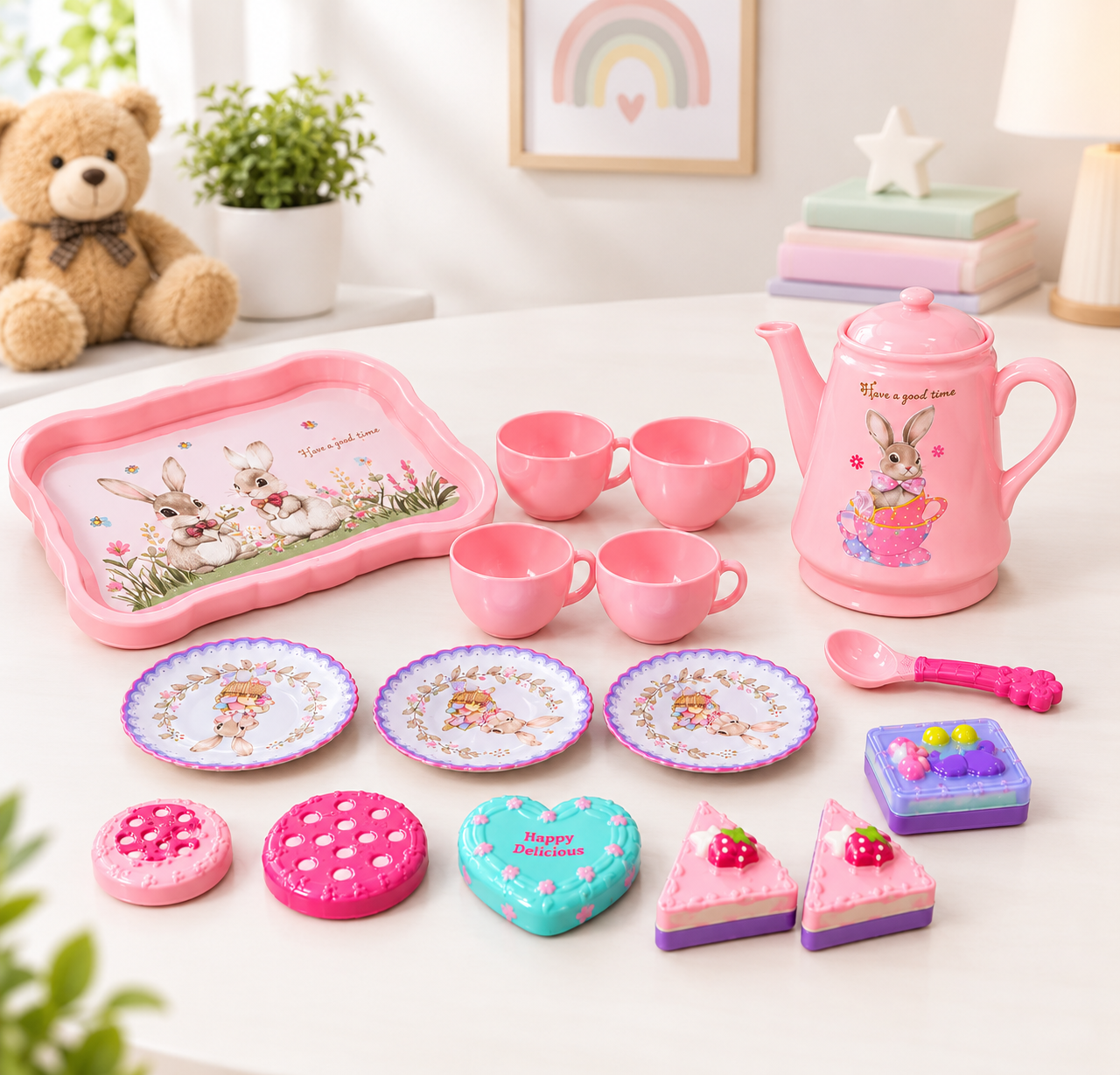 Kids Afternoon Tea Set Toy – Pink Pretend Play Tea Party Set with Teapot, Cups, Plates & Accessories (GBW-H 557) - Image 2