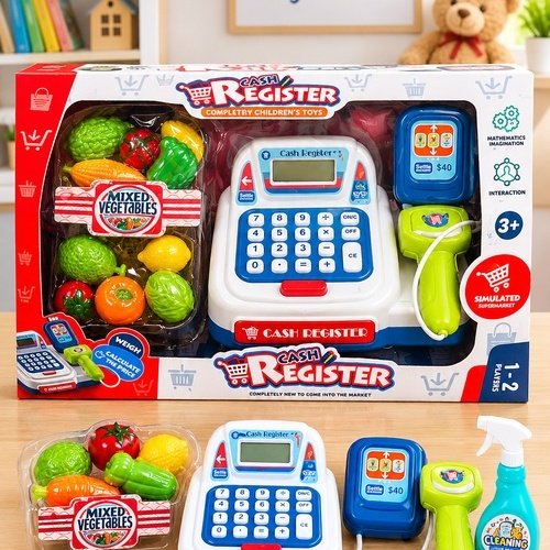 Kids Cash Register Toy Set with Scanner, Calculator & Pretend Food – Pretend Supermarket Shopping Set for Kids 3+ (GBW-CF8225)