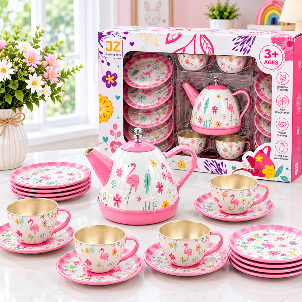Kids Floral Tea Set Toy – Pink Tea Party Pretend Play Set with Teapot, Cups & Plates   (GBW-ENNN)