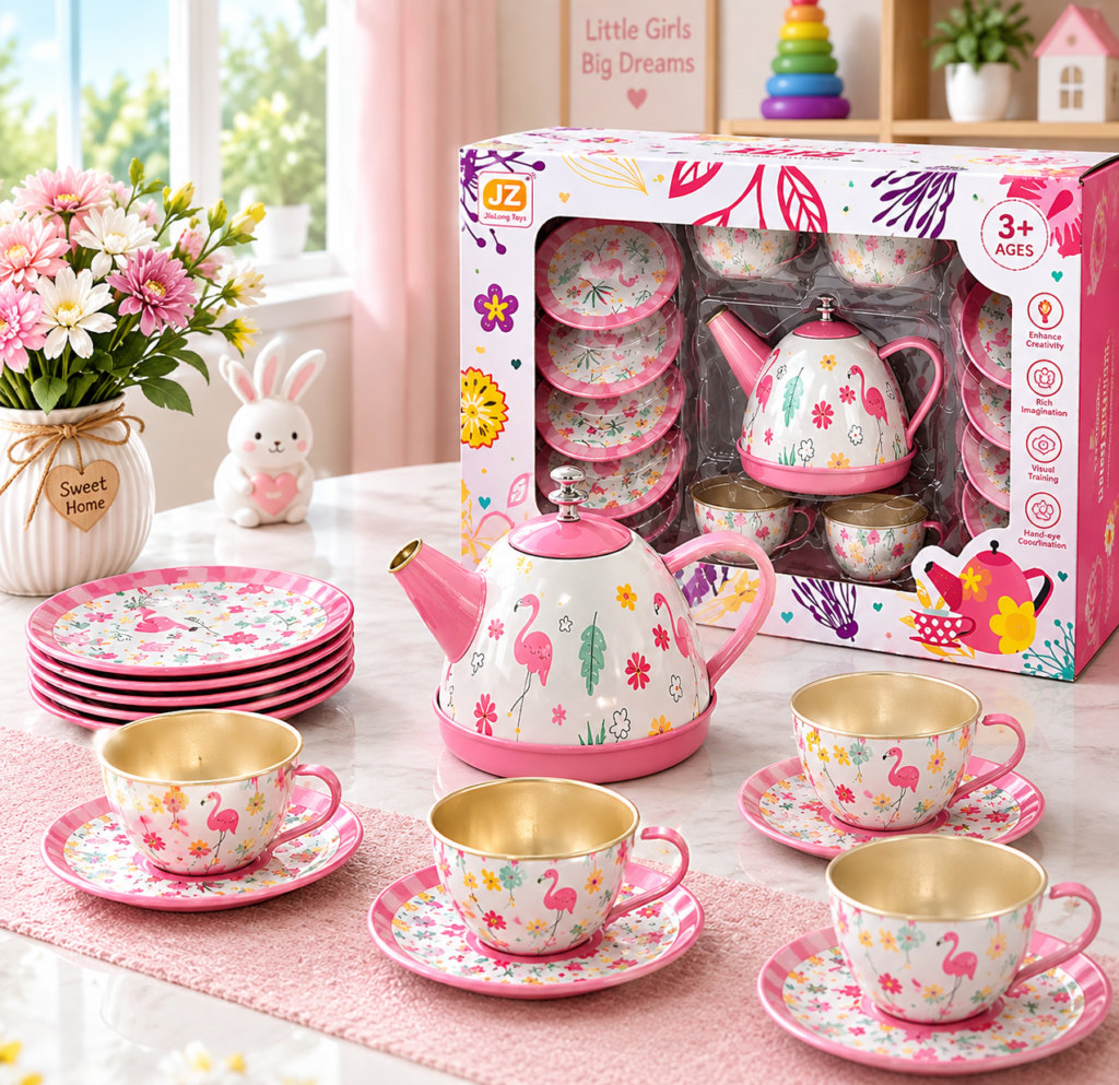 Kids Floral Tea Set Toy – Pink Tea Party Pretend Play Set with Teapot, Cups & Plates   (GBW-ENNN) thumbnail 2