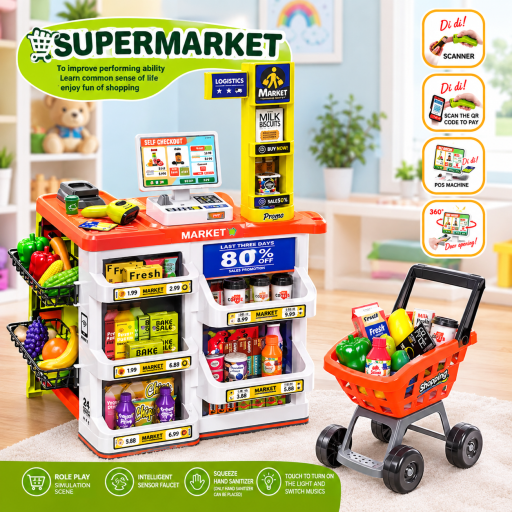 Kids Supermarket Playset with Checkout Counter & Shopping Cart (GBW-668-132) thumbnail 2