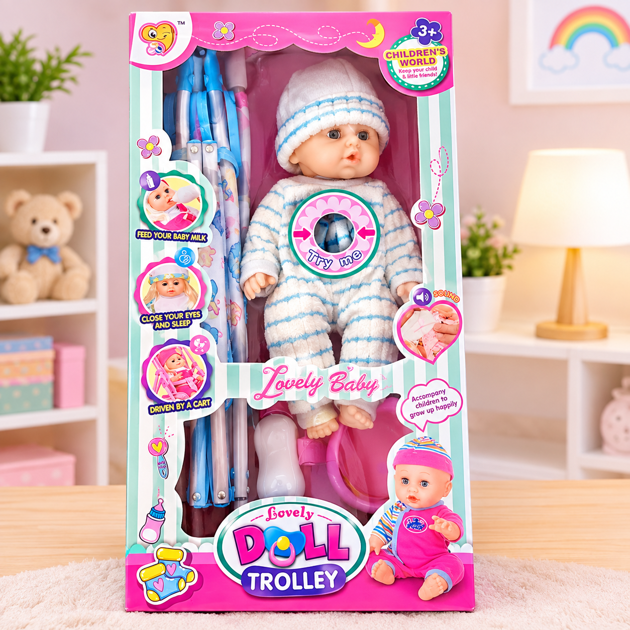 Lovely Baby Doll Trolley Set – Interactive Baby Care & Pretend Play Toy (GBW-8808)
