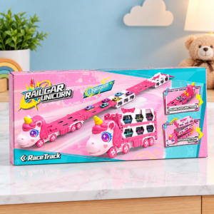 Railcar Unicorn Race Track Toy Set for Kids – Pink Unicorn Car Carrier & Racing Track  (GBW-MF-886)