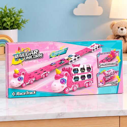 Railcar Unicorn Race Track Toy Set for Kids – Pink Unicorn Car Carrier & Racing Track  (GBW-MF-886)