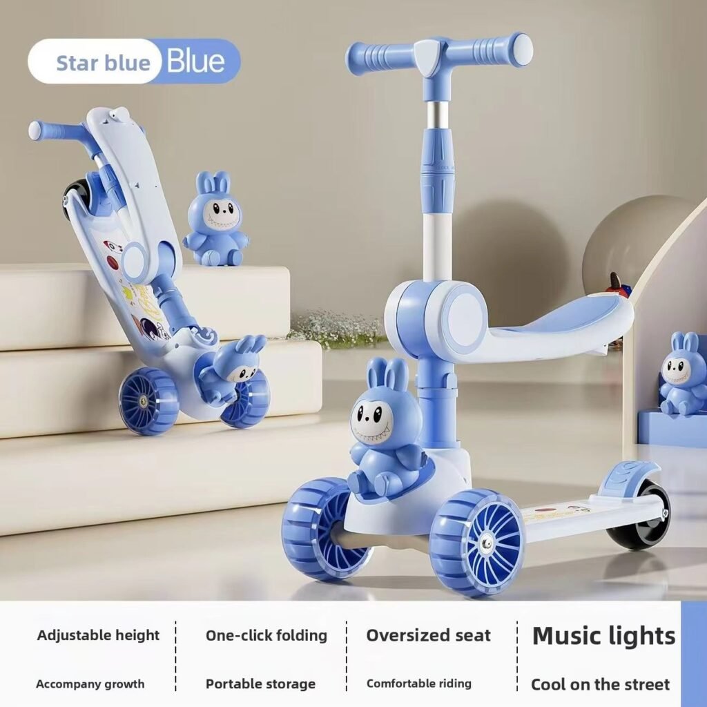 Premium 3-in-1 Kids Bunny Companion Scooter with Foldable Seat, LED Flashing Wheels, and Music blue thumbnail 2