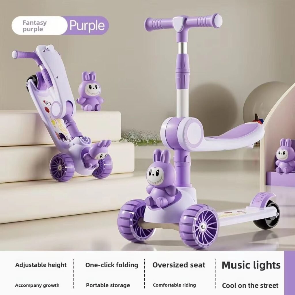 Premium 3-in-1 Kids Bunny Companion Scooter with Foldable Seat, LED Flashing Wheels, and Music purple thumbnail 2