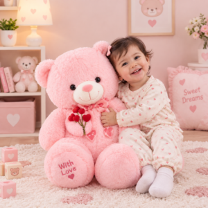 Large Pink Teddy Bear Plush Toy with Love Bow – Soft and Cuddly Stuffed Animal