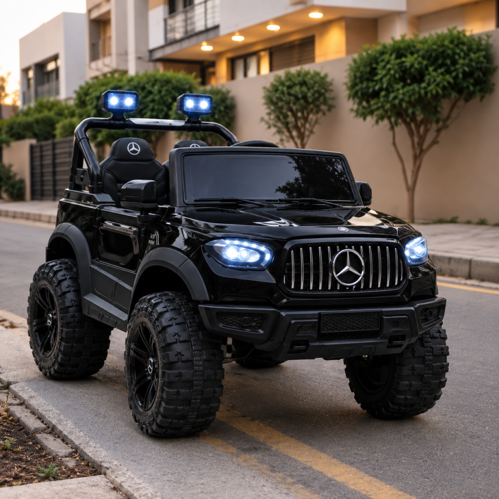 Kids Electric Off-Road Ride-On Jeep with LED Lights, Dual Seats, Safety Belts and Rugged Wheels – Battery Powered Toy Car