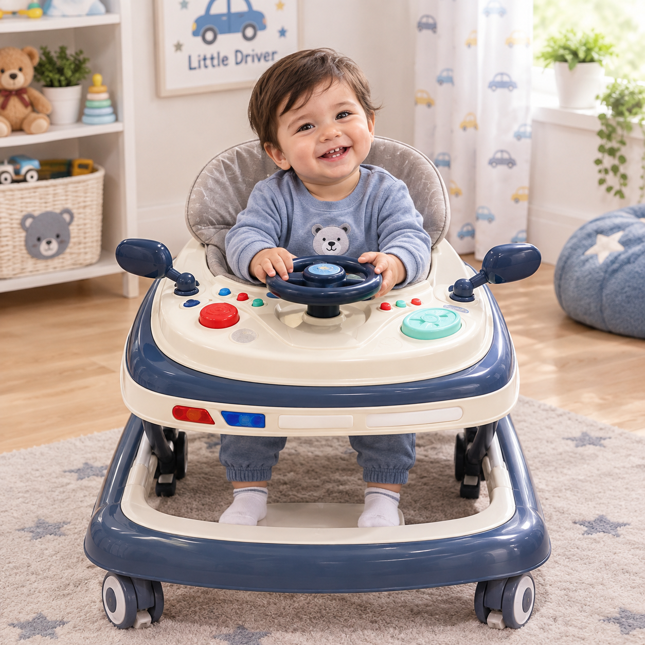 Baby Walker with Steering Wheel and Interactive Toys – Safe Activity Walker for Toddlers