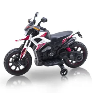 Kids Electric Sports Motorcycle – Red, Black & White Ride-On Bike with Training Wheels